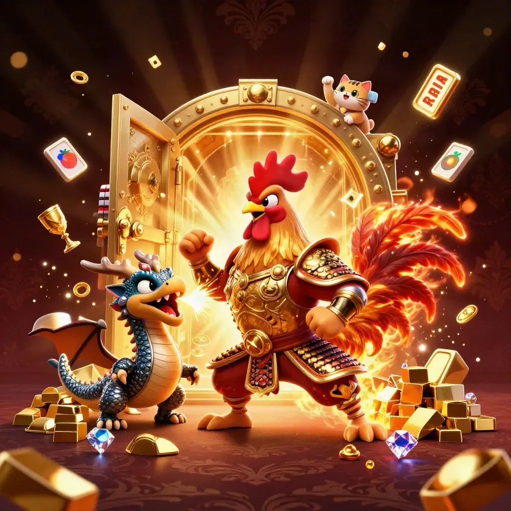 Rooster warrior, dragon hatchling, and fortune-cat burst through a gold vault in red-lit casino glory