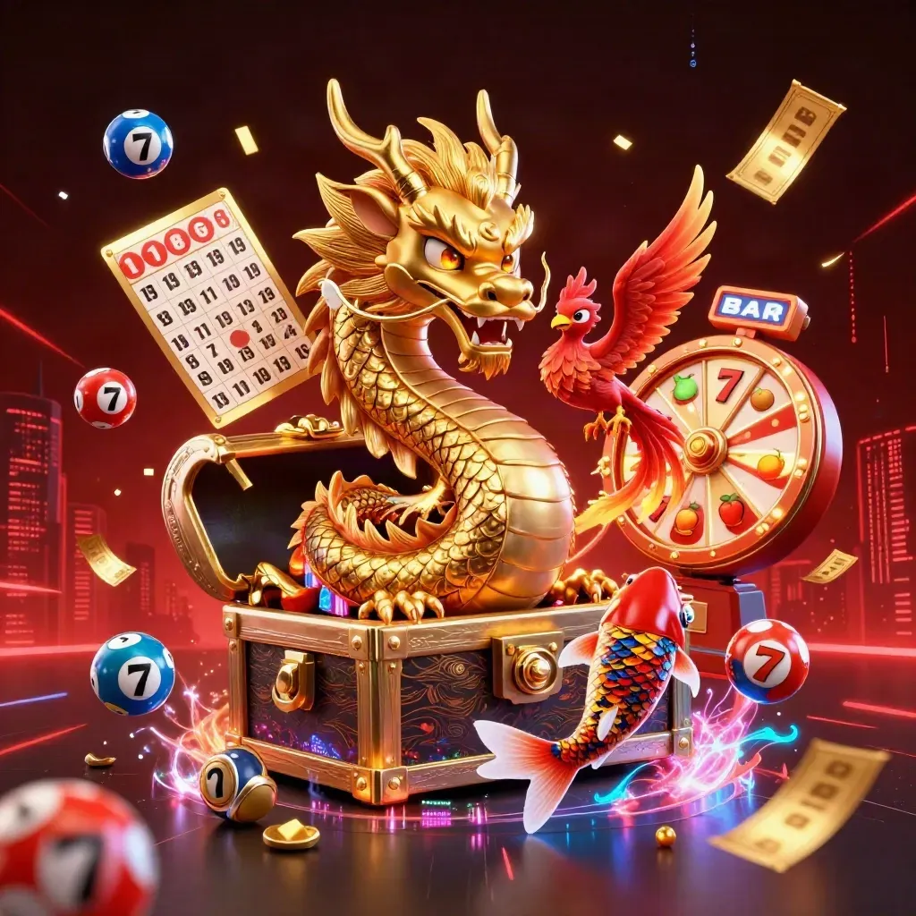 Golden dragon, phoenix, and koi over treasure chest with red energy, lottery balls, reels, and dark skyline.