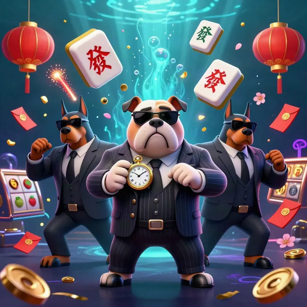 Bulldog boss with Dobermans in neon treasure burst underwater, casino key art