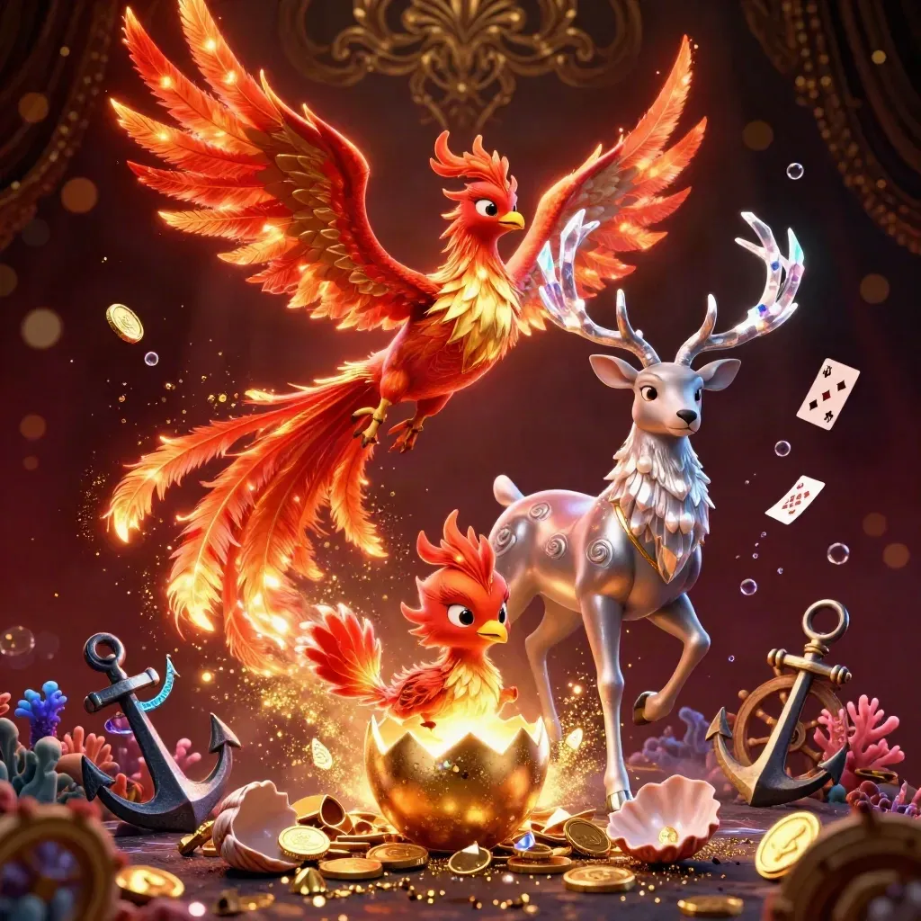 Phoenix, hatching chick, and crystal stag amid gold coins and coral in a dark luxe casino scene.