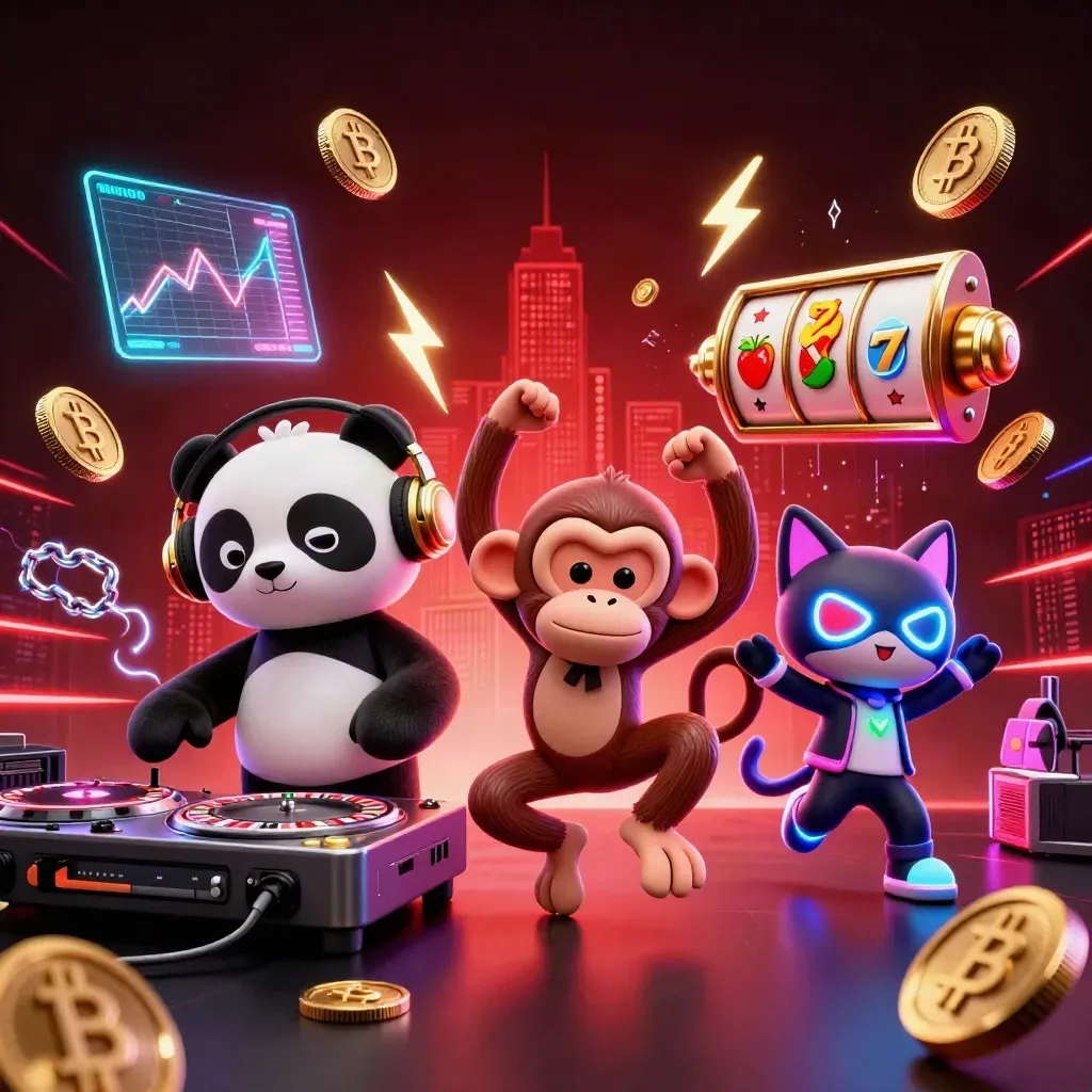 DJ panda, breakdancing monkey, and rave kitten amid casino coins and red neon energy