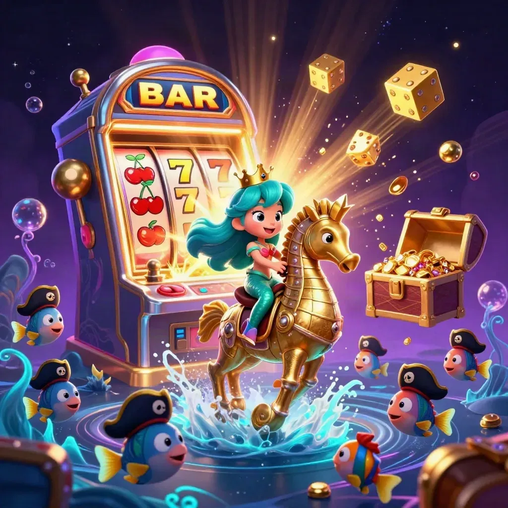 Mermaid princess rides a golden seahorse amid bursting slots, gems, and glowing underwater magic