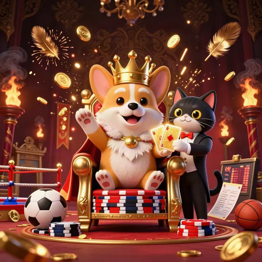 Crowned corgi and cat butler amid exploding coins, casino lights, temple gate, and sports props.