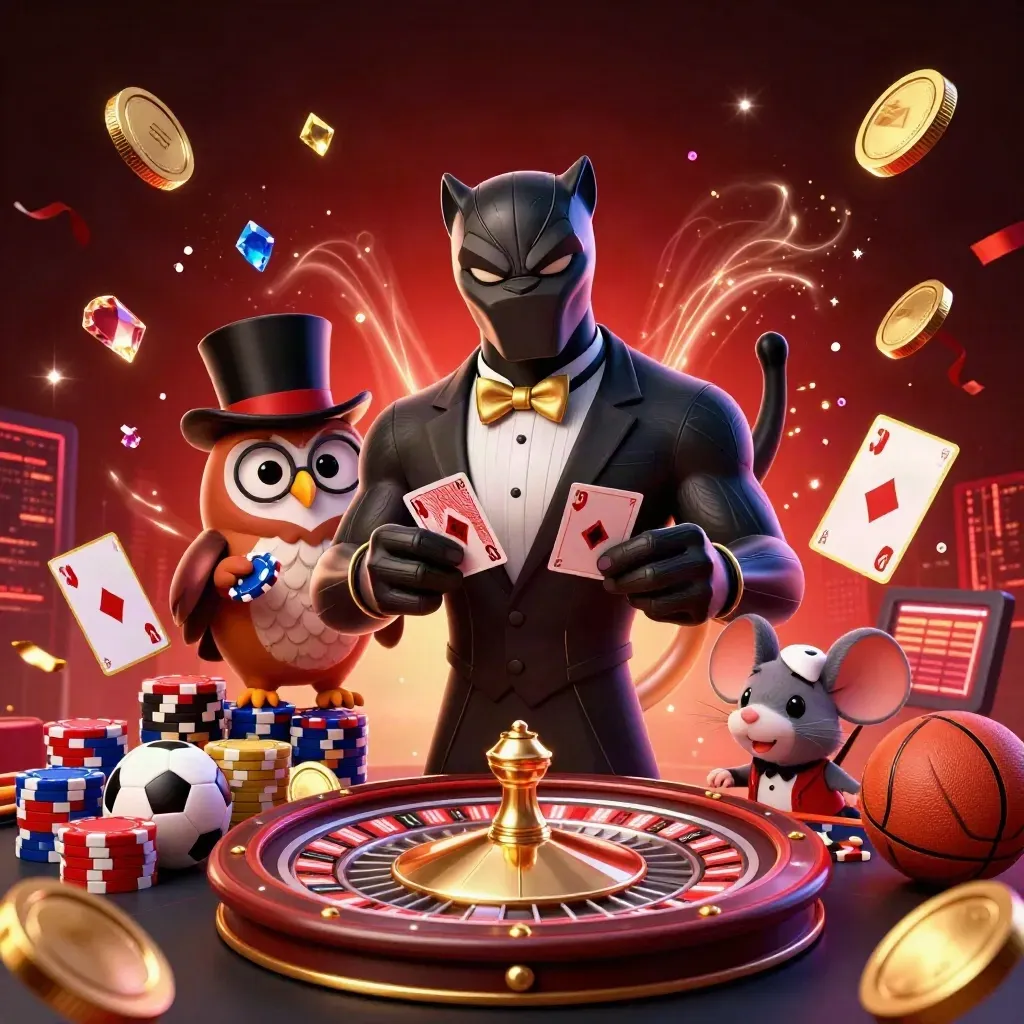 Black panther, owl, and mouse amid gold coins, chips, cards, fireworks, and a dark casino skyline.