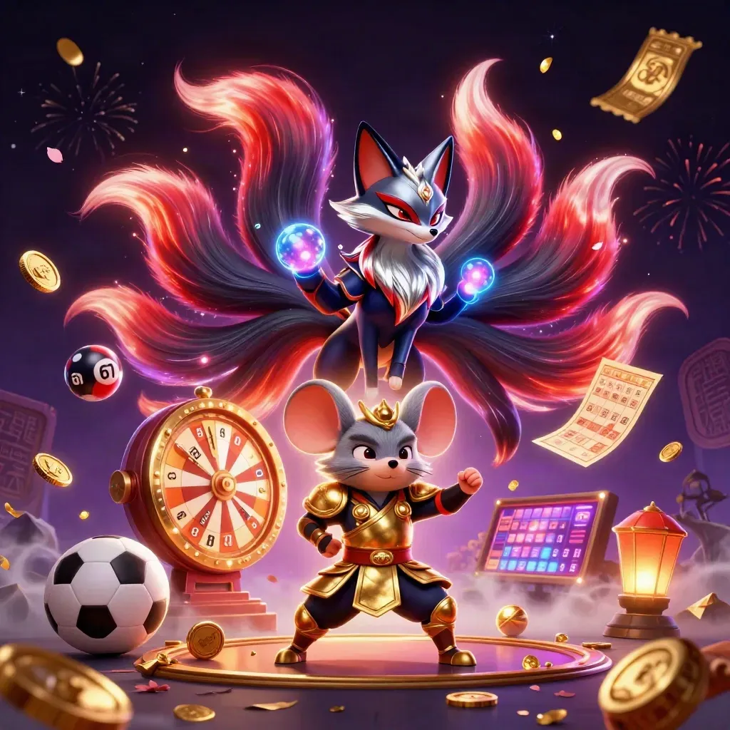 Nine-tailed fox spirit and armored samurai mouse amid coins, lottery balls, and casino magic