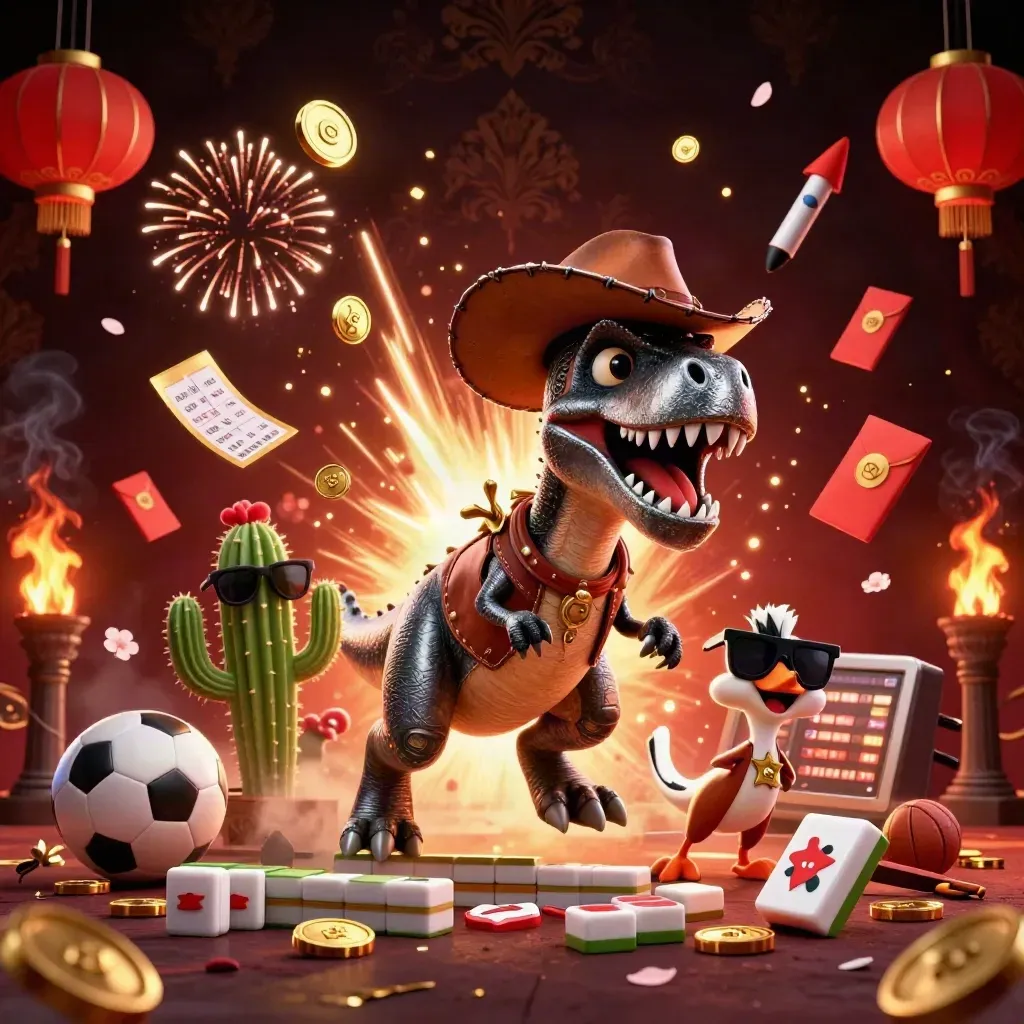 Cowboy T-Rex, cactus, and roadrunner burst through coins, lanterns, fireworks, and casino treasure.