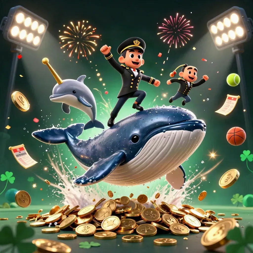 Whale captain, narwhal, and dolphins burst from coins with sports gear and fireworks.