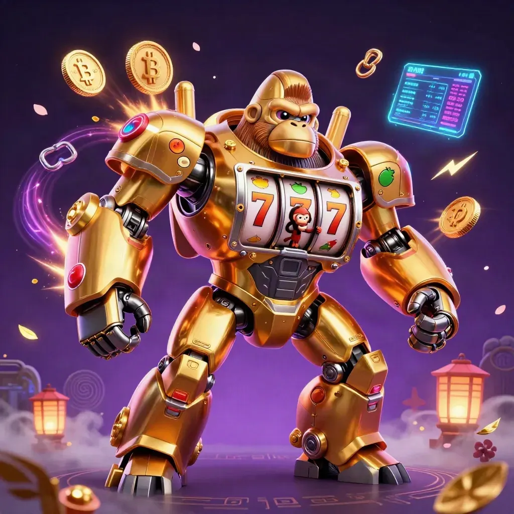 Golden gorilla mech with tiny monkey pilot amid slot reels, coins, lightning, and purple magic.