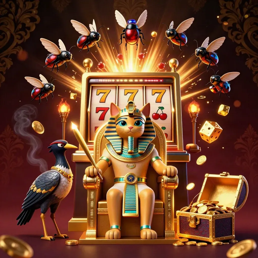 Pharaoh cat on golden throne with ibis scribe, scarabs, slot reels, dice, and jackpot bursts