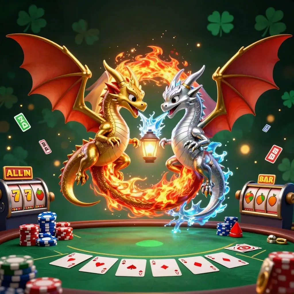 Twin gold and silver dragons swirl over casino chips, cards, reels, and emerald glow.