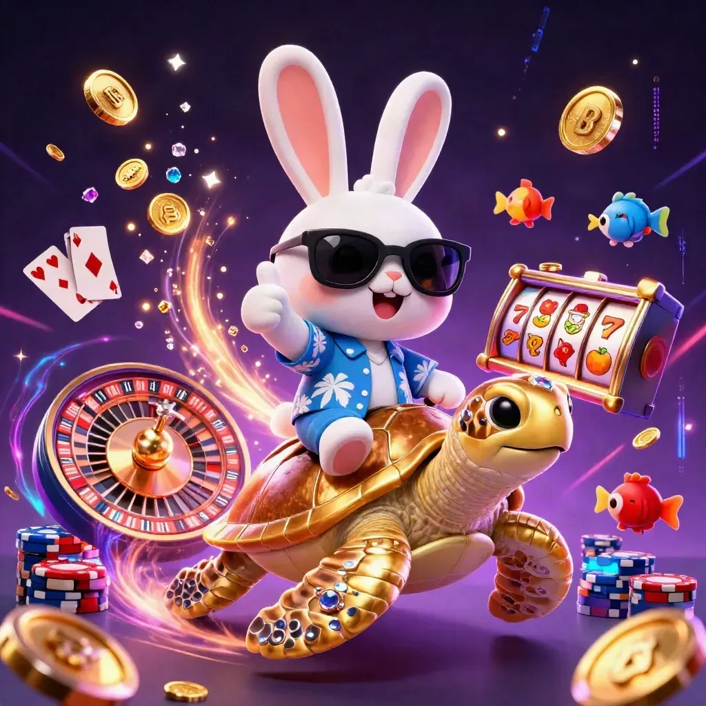 Lucky rabbit on gem turtle amid casino loot, neon energy, deep purple starfield.