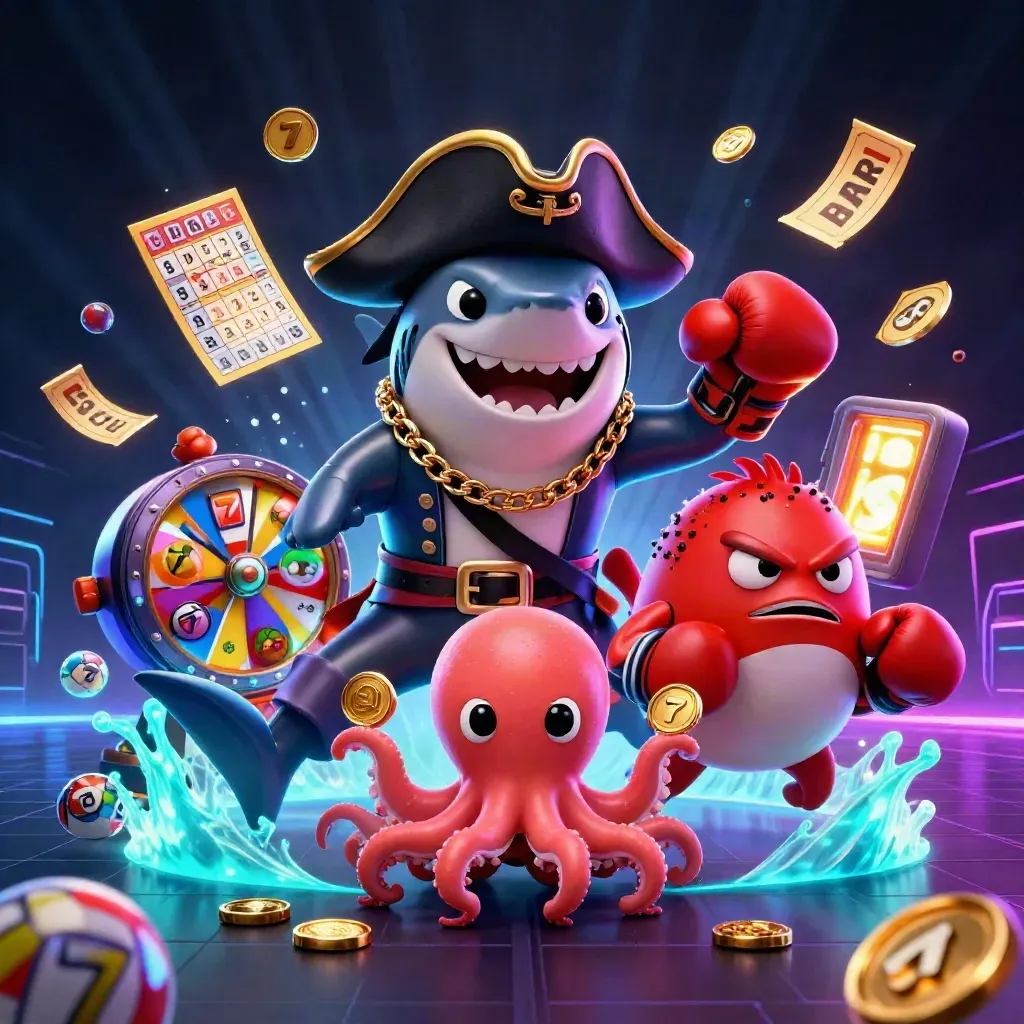 Pirate shark, red pufferfish, and juggling octopus amid casino symbols on a neon dark background.