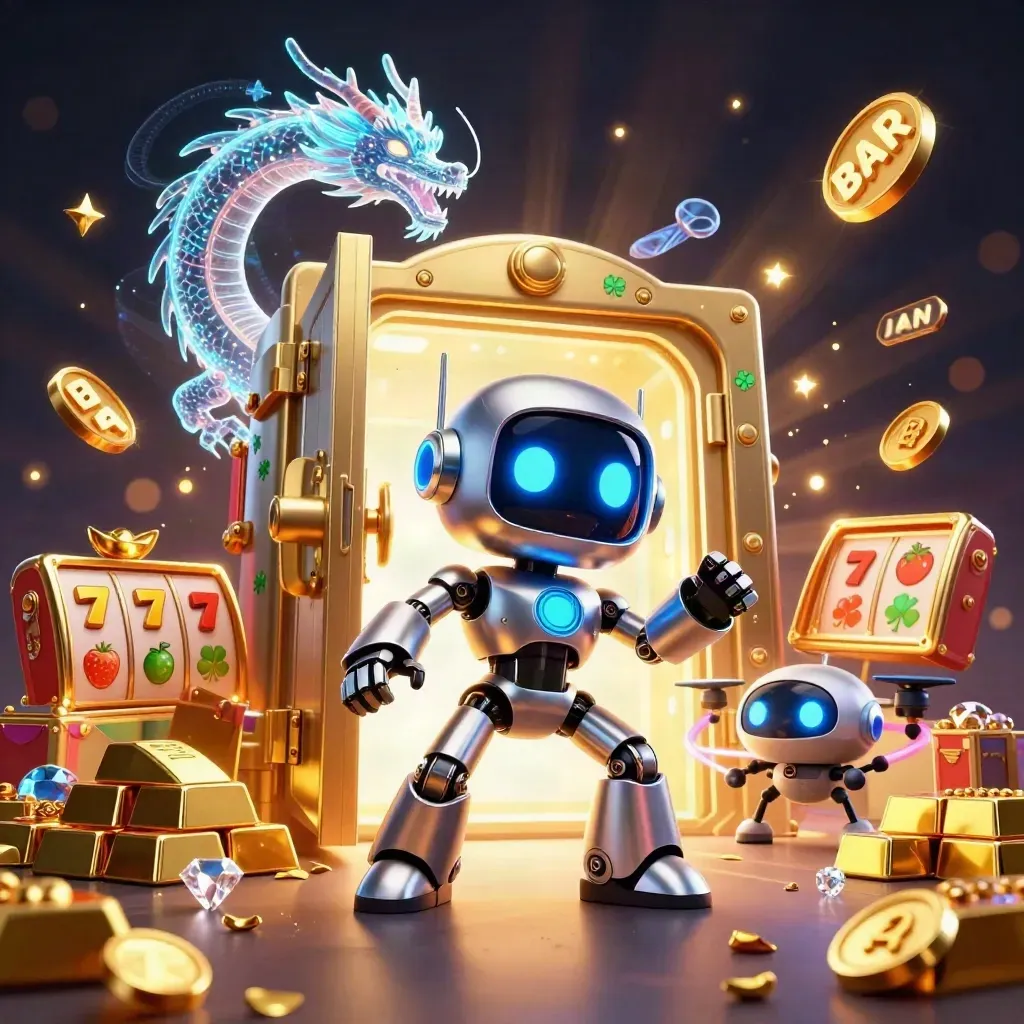 Cyberpunk robot, holographic dragon, and coin drone burst from a treasure vault in dark navy light.