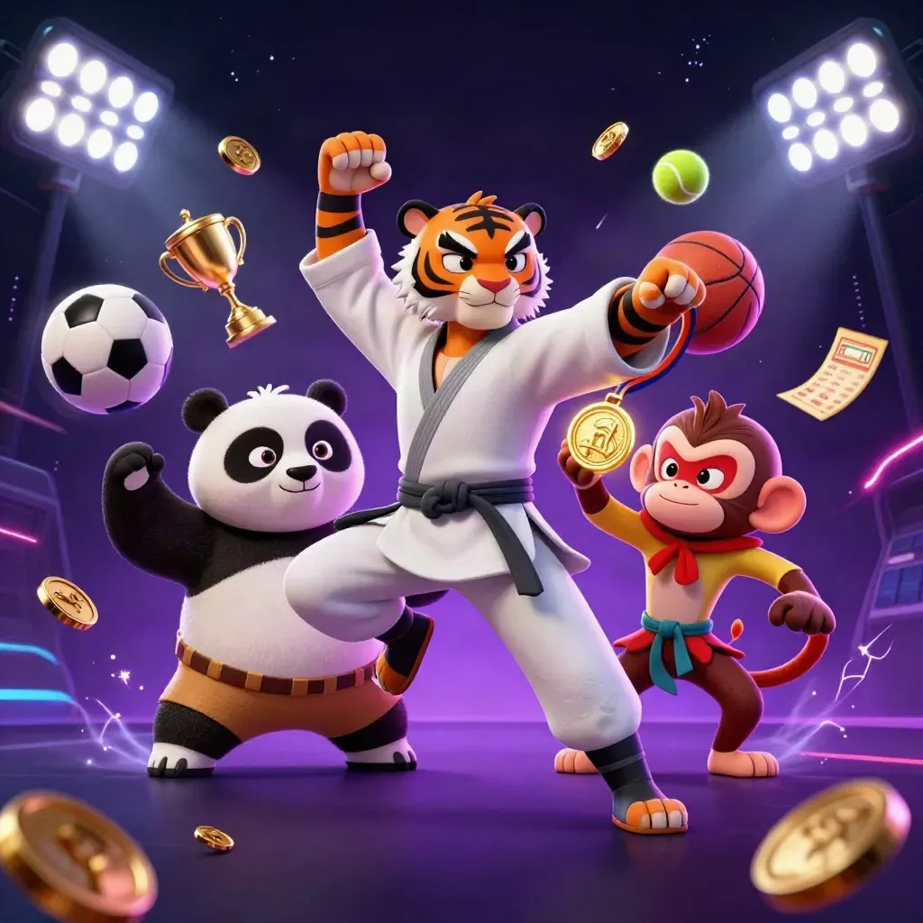 Kung-fu tiger, panda, and monkey surround a glowing gold medal in a neon casino scene.