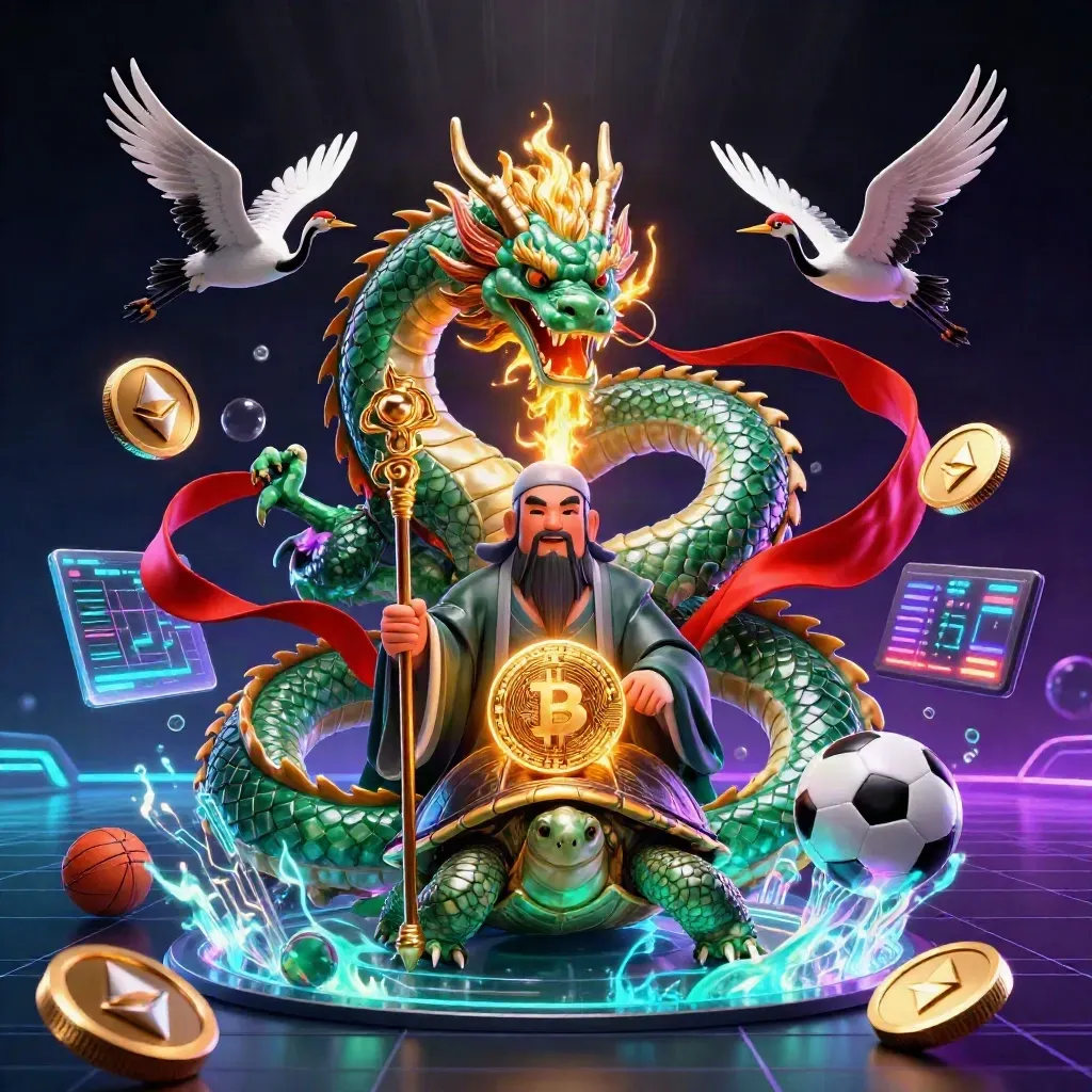 Jade dragon, turtle sage, and cranes amid casino and crypto energy on dark neon background.