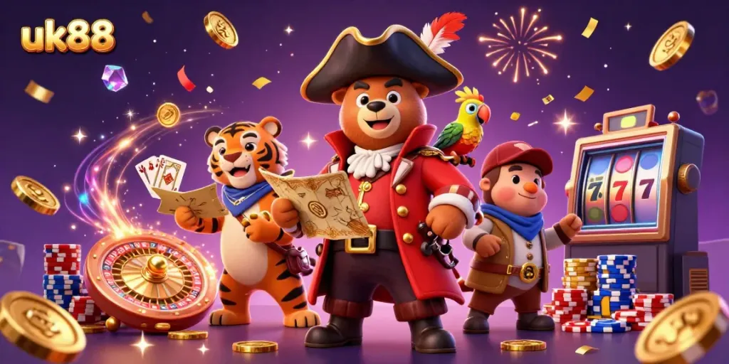 Engage in thrilling adventures with uk88, where a pirate bear, tiger first mate, and golden parrot explore a vibrant casino world.