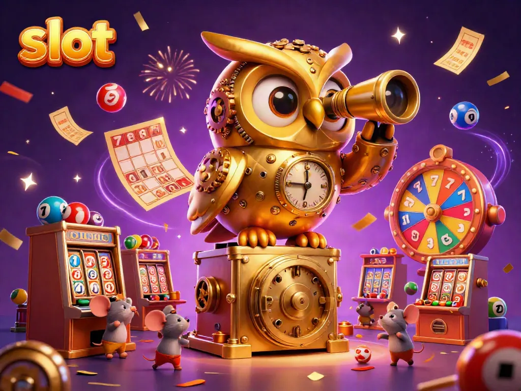 Experience the excitement of slots with a colorful casino scene featuring an intricate golden owl and bustling mouse patrons.