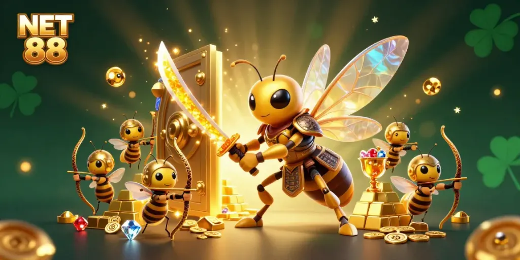 Experience the thrill of NET 88 with a golden hornet samurai leading a treasure-filled scene.