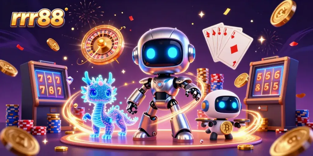 Engage with rrr88 through a vibrant 3D casino scene featuring futuristic characters and dynamic game elements.