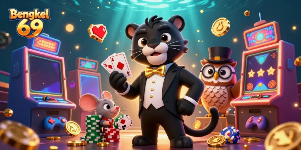 Bengkel 69 features a stylish panther dealer and owl with poker chips in a vibrant slot game setting.