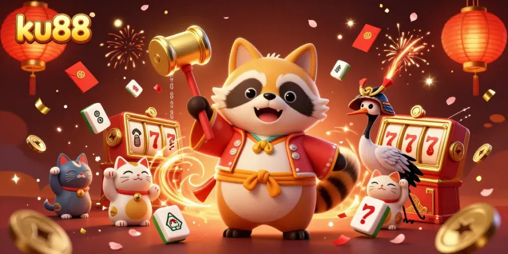 Engage with ku88 through a vibrant casino illustration featuring a tanuki and lucky symbols.
