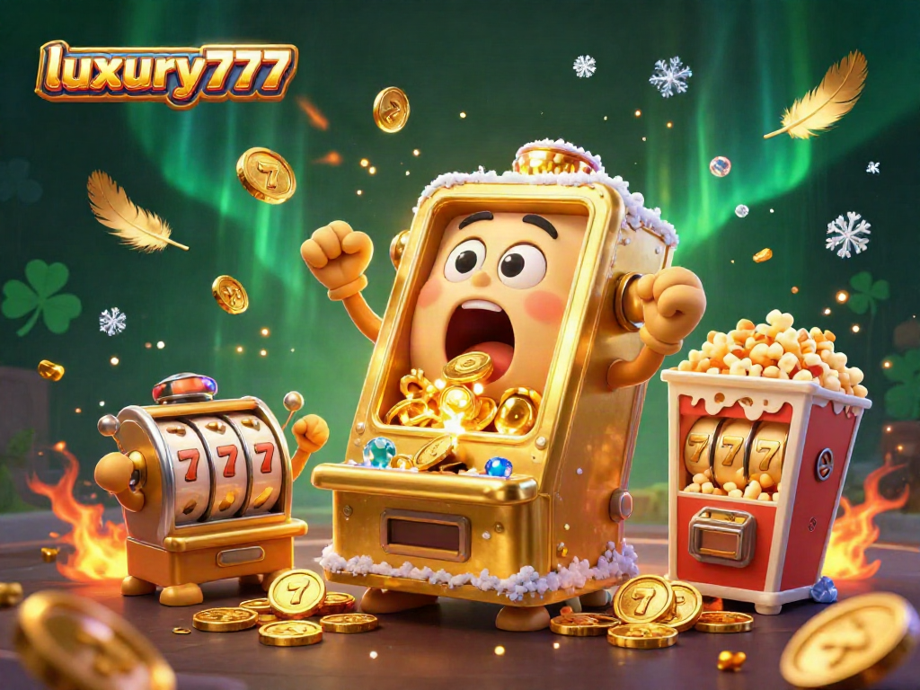 Slot mesin luxury777 berpesta jackpot dengan koin berkilauan, dikelilingi oleh mesin kecil dan popcorn, penuh kemewahan.