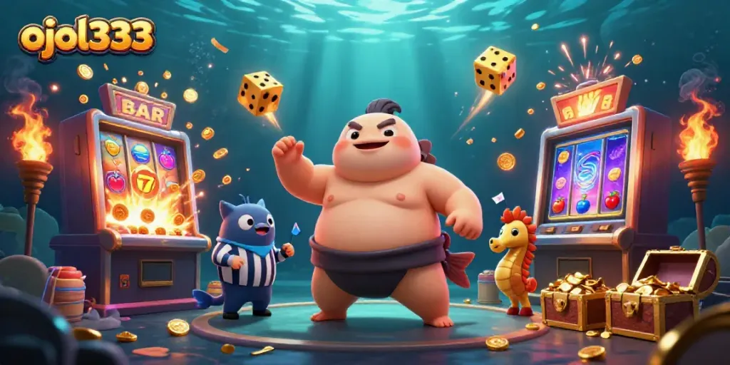 Experience the excitement of ojol333 with a lively underwater gaming scene featuring dynamic characters and casino elements.