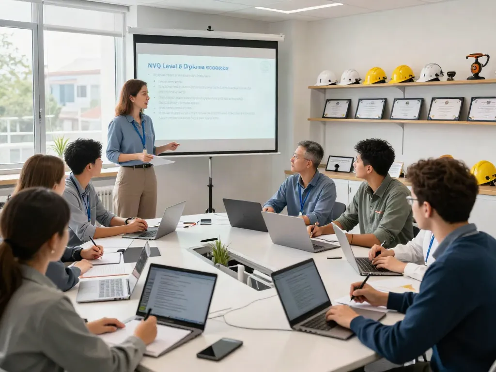 NVQ Level 6 in Saudi Arabia training session with professionals enhancing their health and safety knowledge in a collaborative setting.