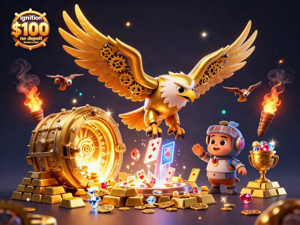 Experience the excitement of ignition casino $100 no deposit bonus codes with a golden eagle flying through holographic cards.