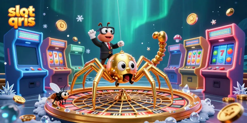 Spin to win with slot qris in this vibrant casino-themed 3D illustration featuring animated characters.