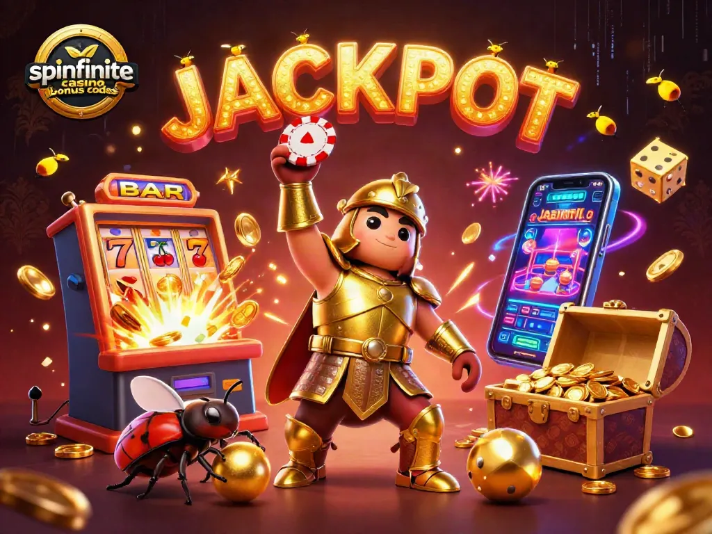 Spinfinite Casino Bonus Codes depicted in a vibrant 3D scene with a victorious beetle and jackpot elements.