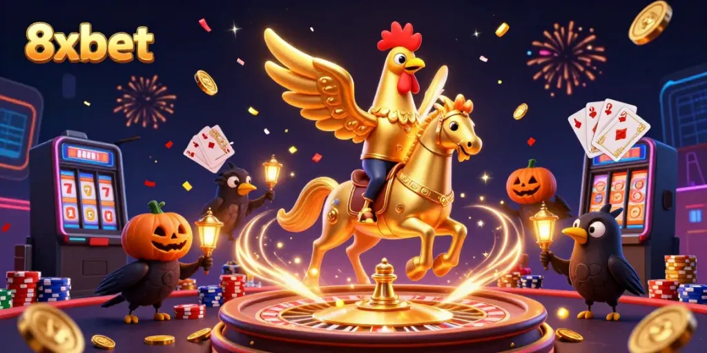 Experience the thrilling world of 8xbet, showcasing dynamic casino elements and festive energy.