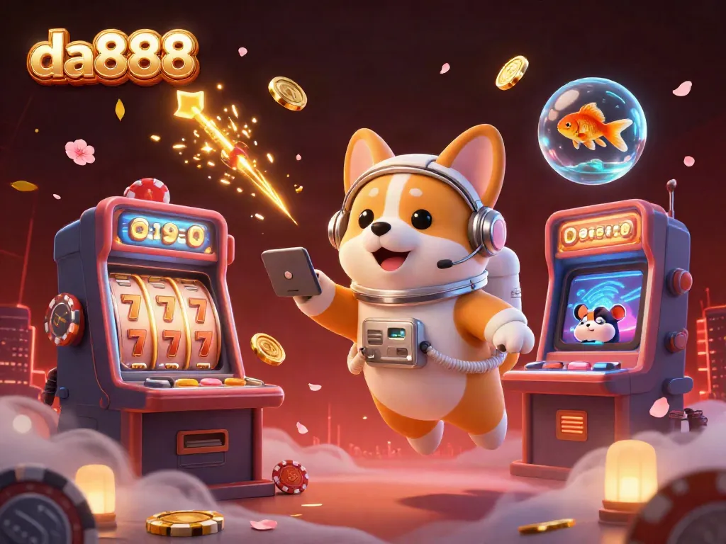 Experience bold gaming action with da888's spaceship-themed casino, featuring a corgi, hamster, and floating coins.