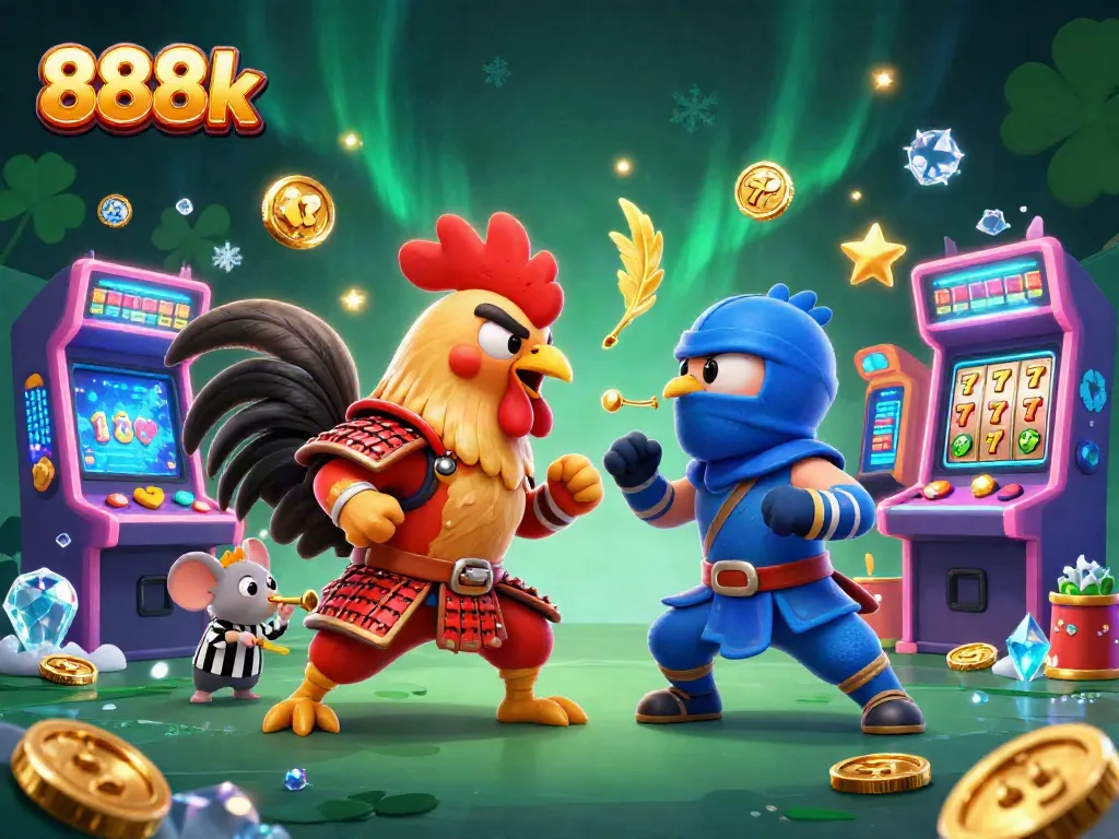 Engage in thrilling battles with 888k's cartoon roosters amidst vibrant casino elements.