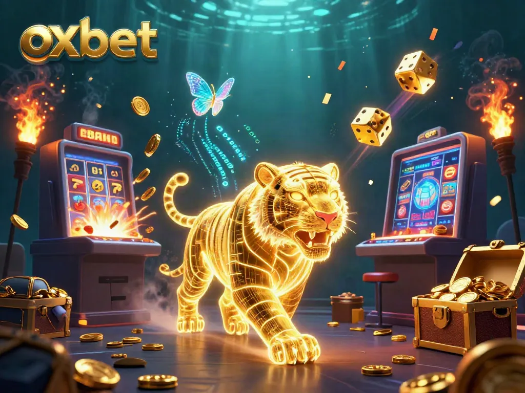 Experience the vibrant world of oxbet with a dynamic 3D casino scene featuring a golden tiger and exciting game symbols.