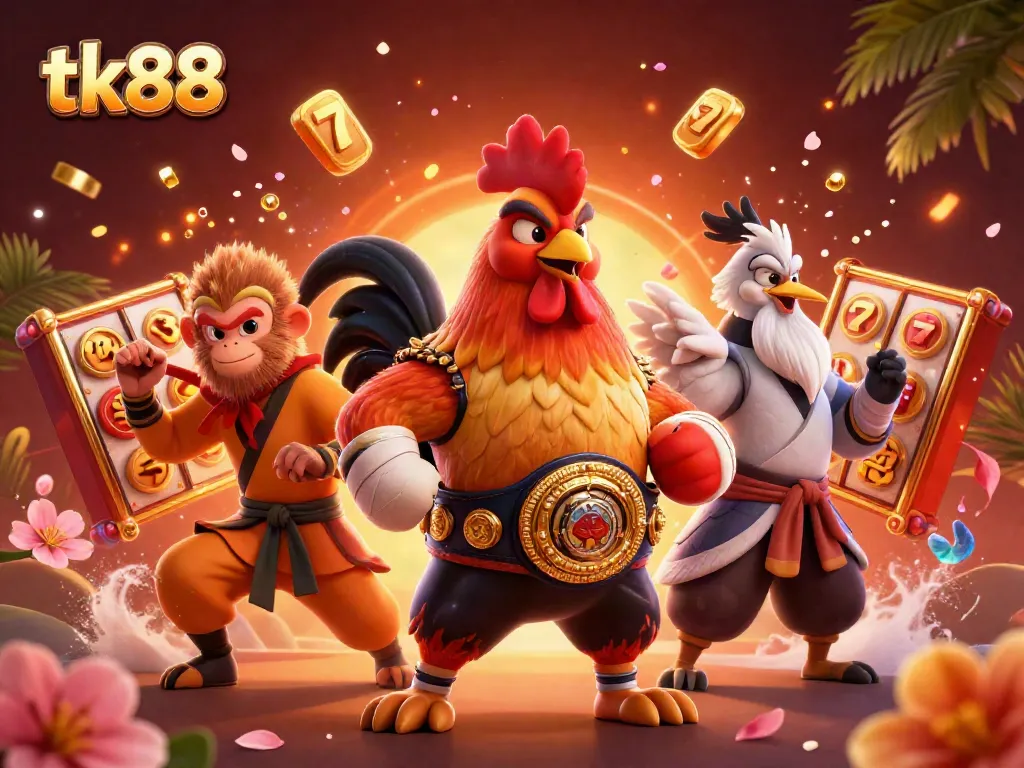 Experience engaging gaming with tk88's vibrant rooster and monkey characters amidst slot reels.