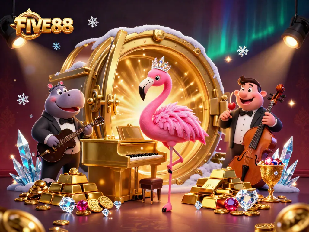 Engage in thrilling gameplay at FIVE88 with a lively casino scene featuring rich elements and characters.