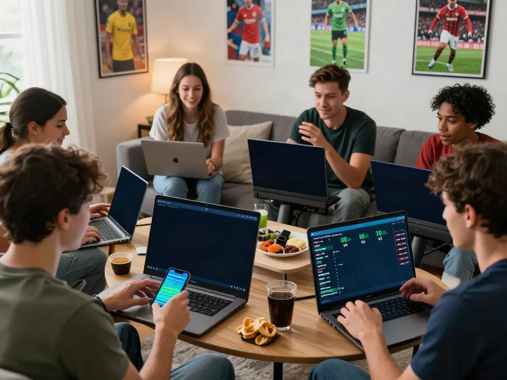 Soccer fans engaging with the WWBOLA betting platform in a lively home setting.