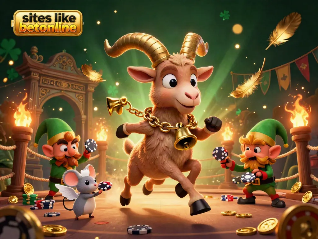 Experience the excitement of sites like betonline with this dynamic illustration of casino action featuring Krampus, angel mouse, and elf gremlins.