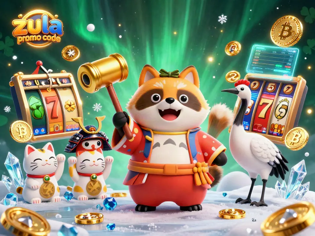 Spin with the zula casino promo code surrounded by festive characters, slot reels, and vibrant coins.