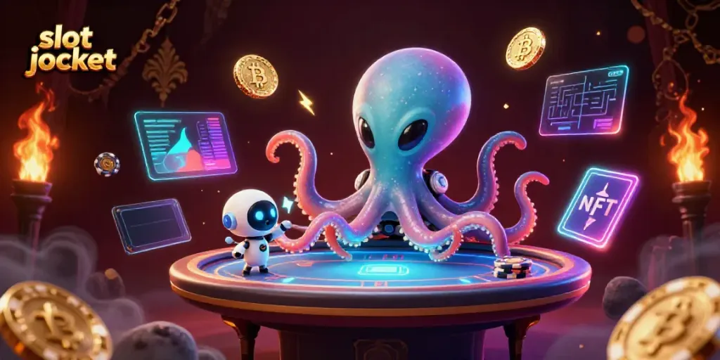 Spin to win the slot jackpot with alien characters and vibrant casino elements in this exciting 3D illustration.