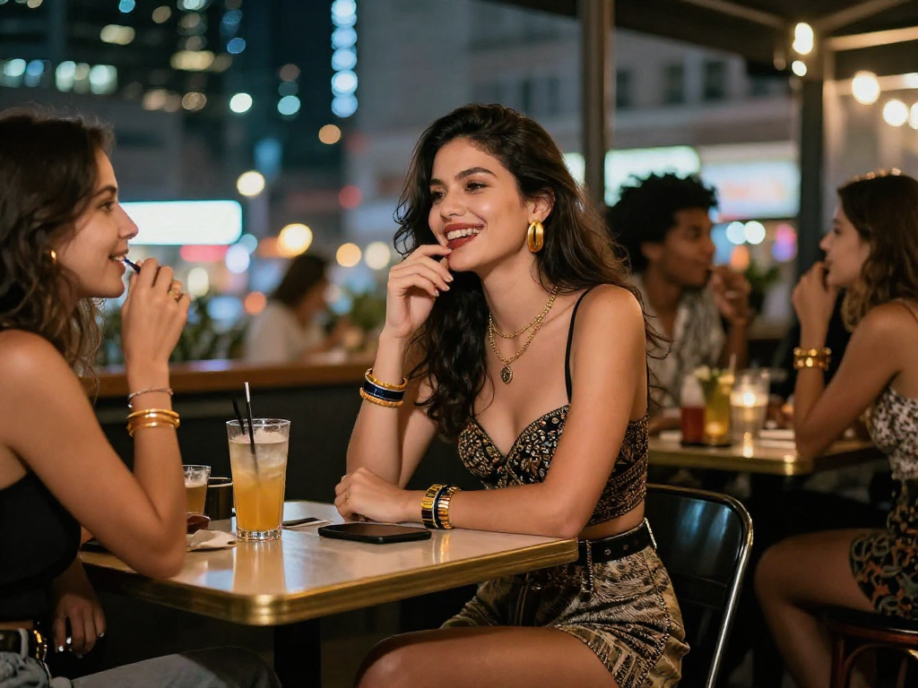 Gái gọi tận hưởng buổi tối sôi động cùng bạn bè tại quán café đường phố.