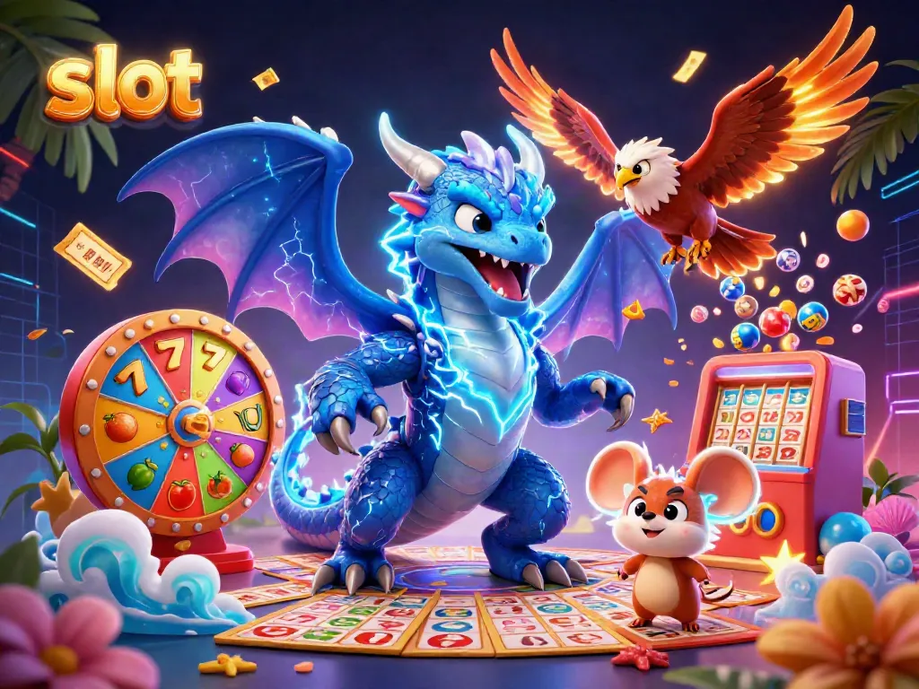 Spin the slot reels with vibrant characters and exciting prizes in a dynamic casino scene.