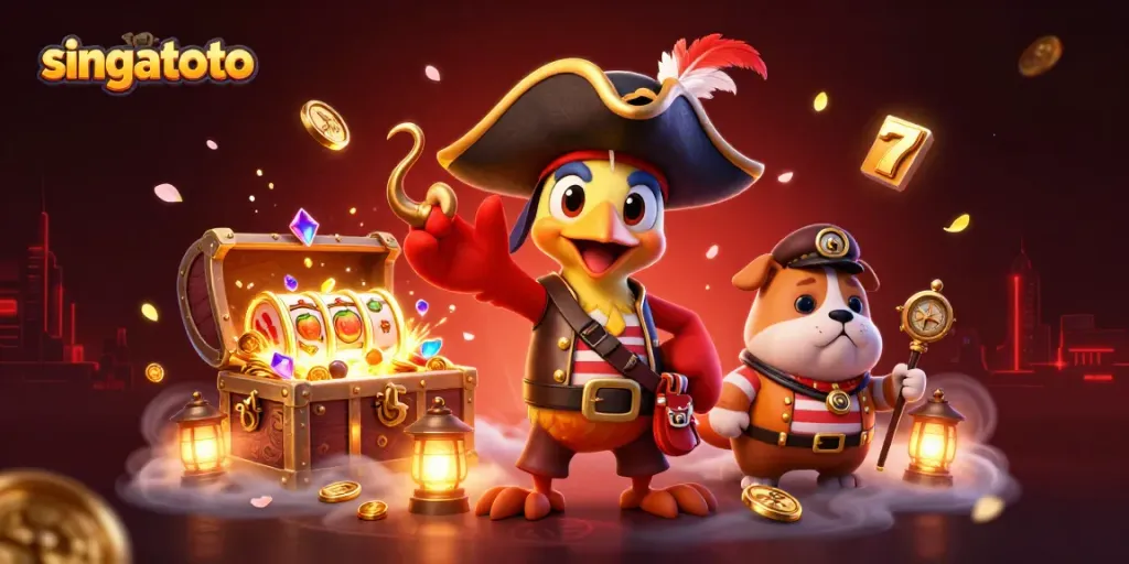 Engage in thrilling gameplay at singatoto with lively cartoon characters, floating lucky 7s and slot reels.