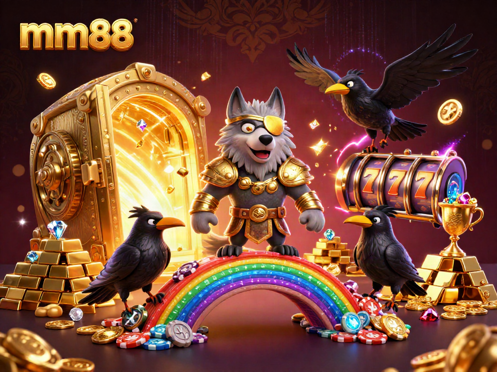 Engage with mm88's vibrant casino scene showcasing Odin and his ravens amidst riches