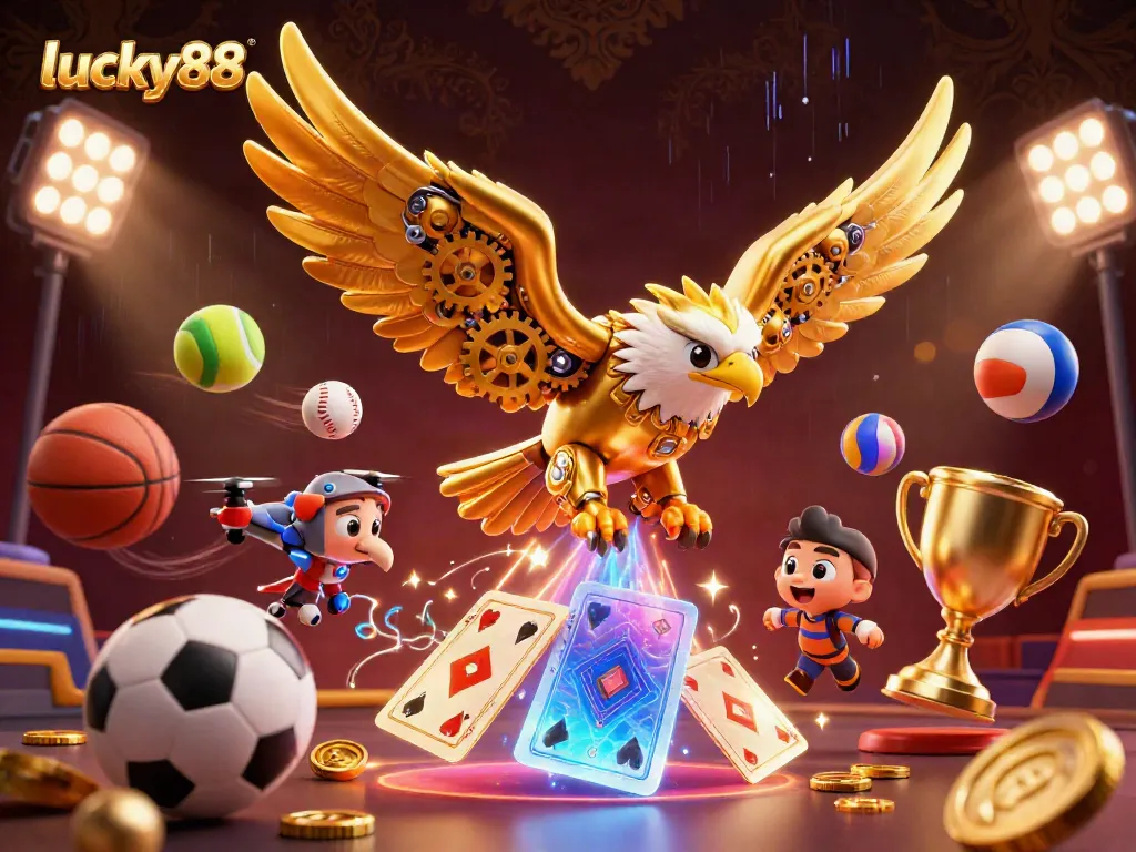 Explore the dynamic world of lucky88 with a golden eagle amidst sports-themed elements.