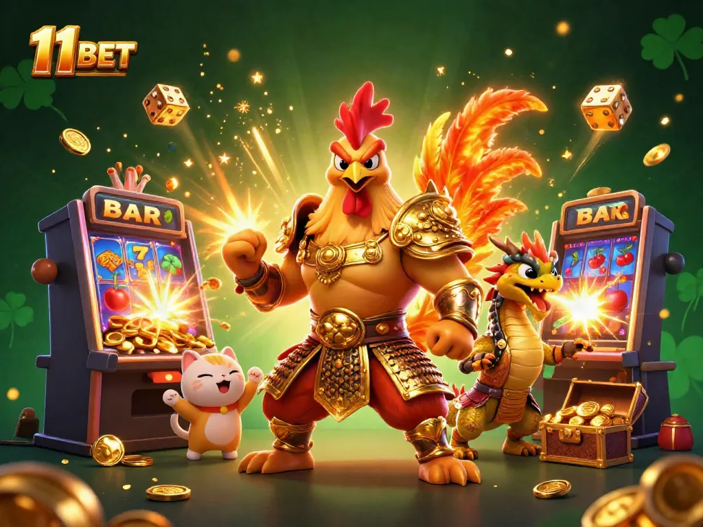 Engaging scene showcasing 11 BET with a vibrant fighting rooster, dragon, and fortune cat amidst a slot machine jackpot explosion.