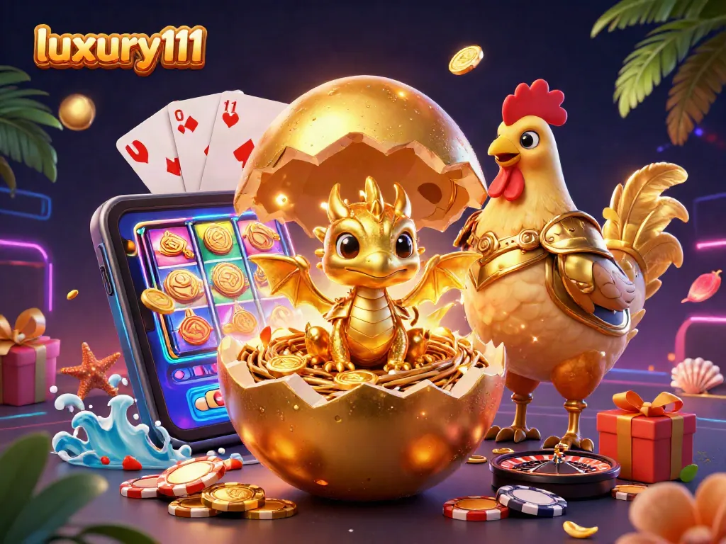Experience luxury111 with a dynamic casino scene featuring a golden baby dragon on poker chips.