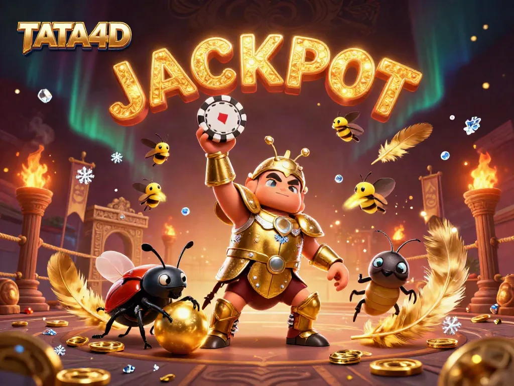 TATA4D's victorious beetle hero lifts a poker chip, celebrating with casino elements.