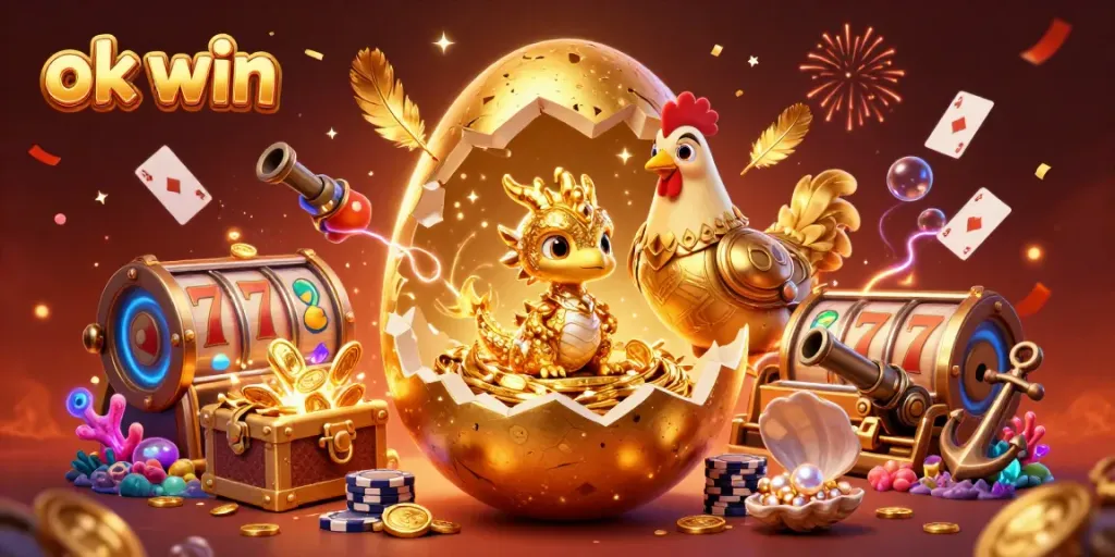 Experience the thrill of ok win with a stunning illustration featuring a golden dragon and casino elements.